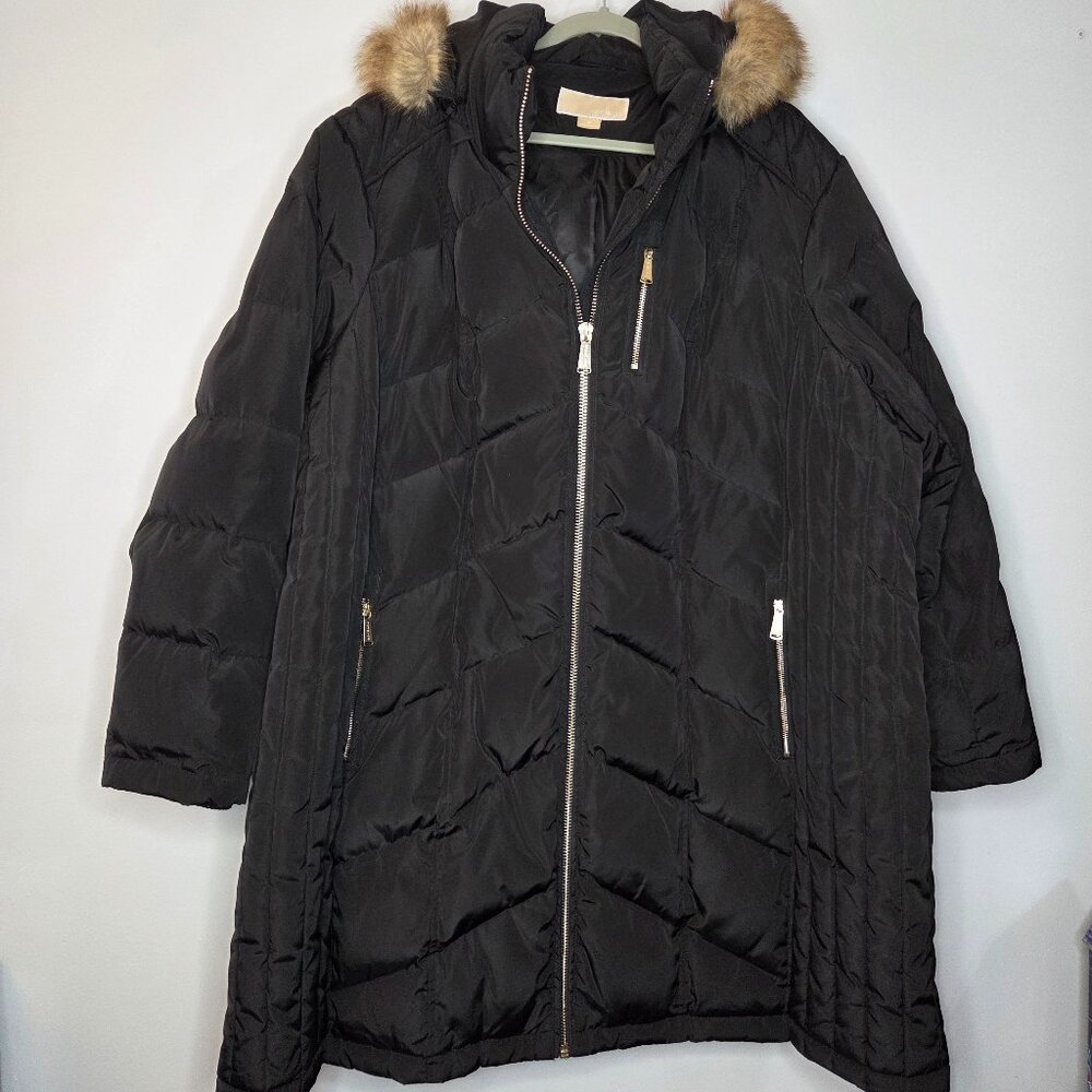 Michael Kors Faux-Fur-Trim Hooded Puffer Coat, Black, Size 3X